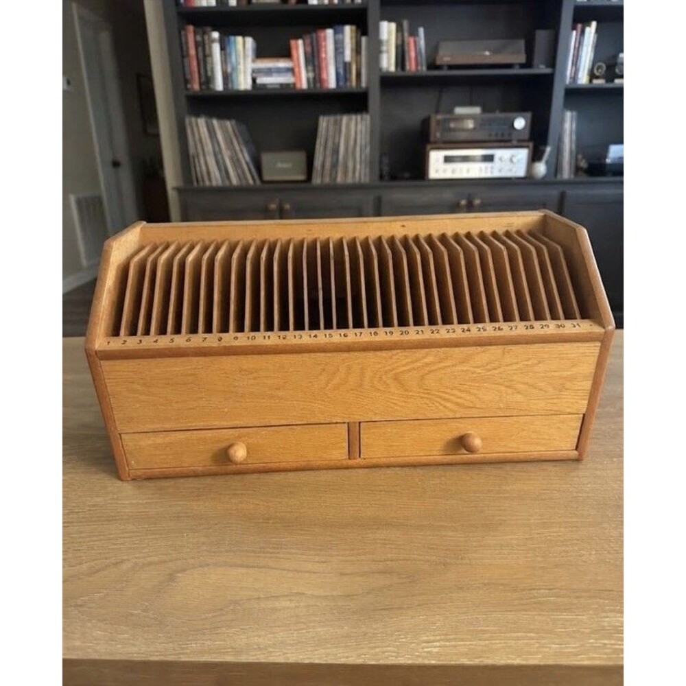 VNTG Wooden 31-Slot Index File Box Desk Organizer 2-Drawers Retro Office Century